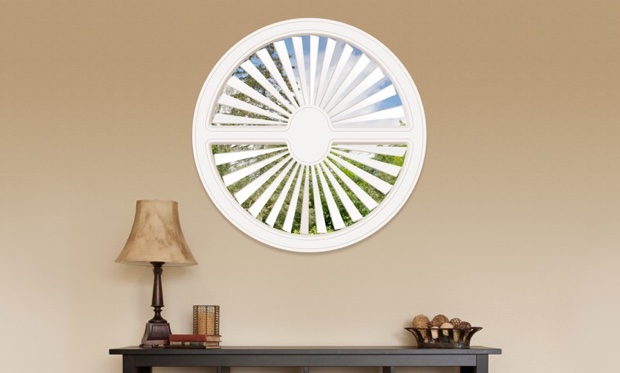 You can cover specialty shaped windows with our Polywood shutters. Circle shaped window in Bakersfield