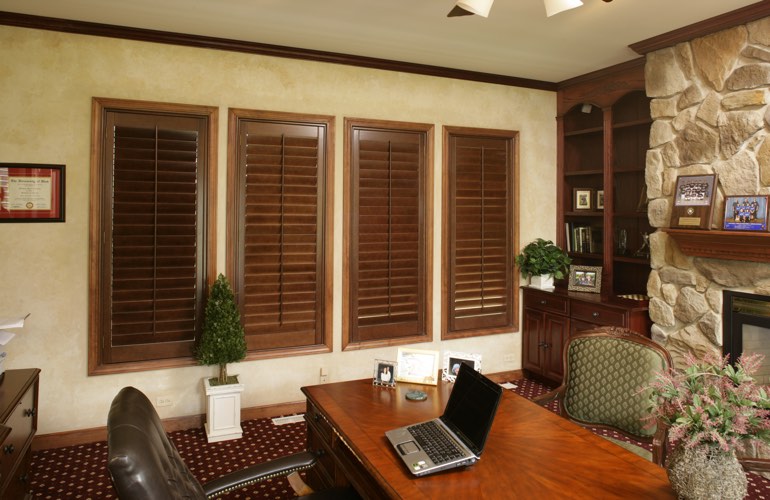 Hardwood plantation shutters in a Bakersfield home office