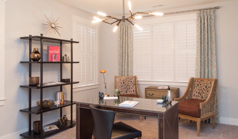 Bakersfield home office with plantation shutters.