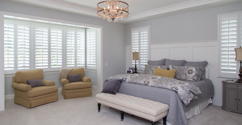 White shutters in Bakersfield bedroom.