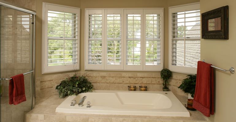 Plantation shutters in Bakersfield bathroom.