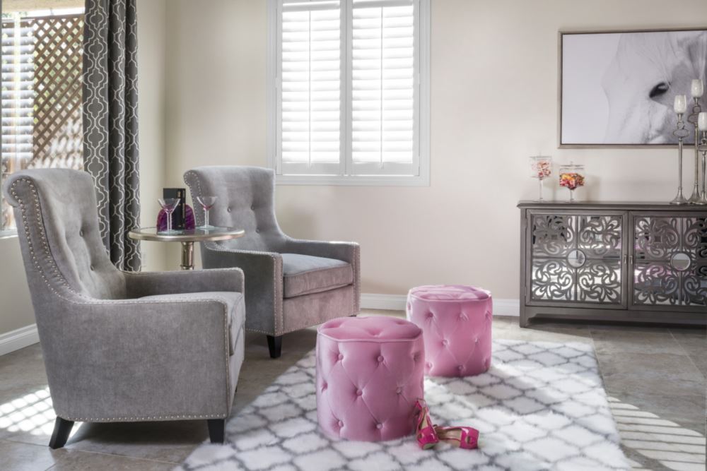 Bakersfield pink living room with shutters