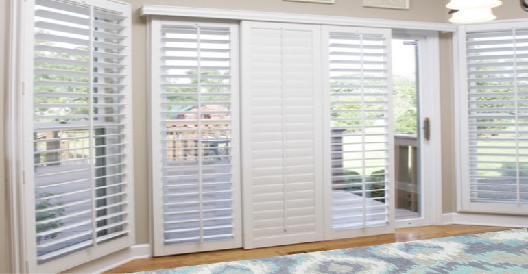 [Polywood|Plantation|Interior ]211] shutters on a sliding glass door in Bakersfield