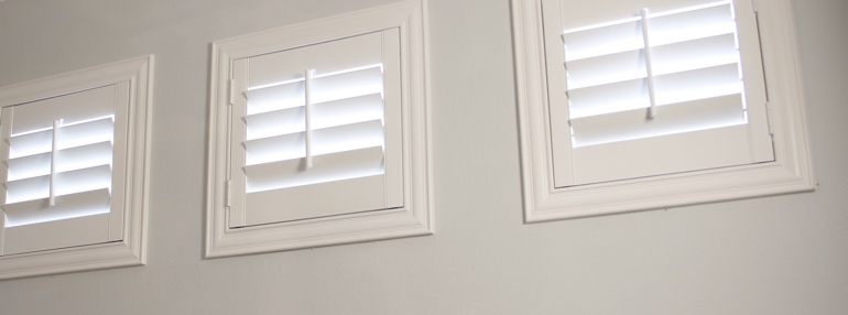 Square Windows in a Bakersfield Garage with Plantation Shutters