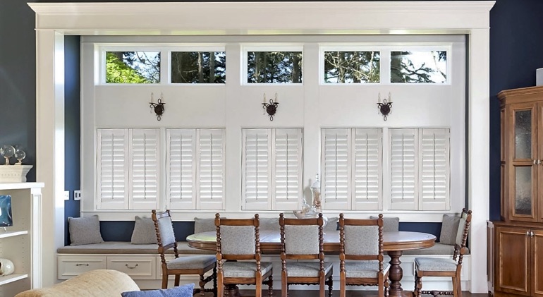 Bakersfield great room with Studio plantation shutters.
