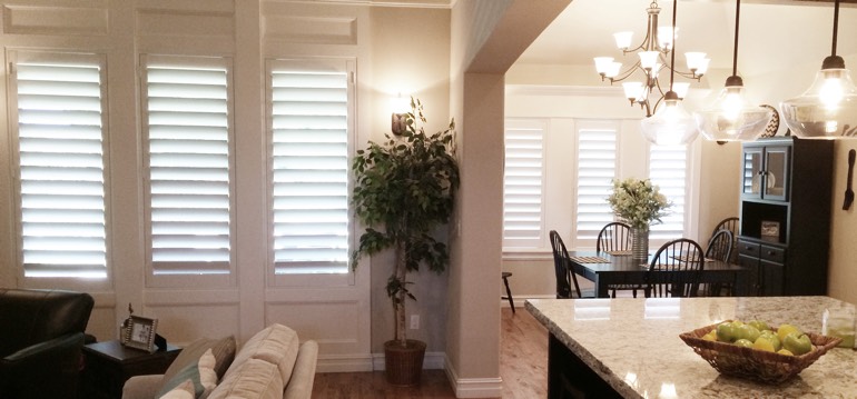 Bakersfield shutters in kitchen and living room