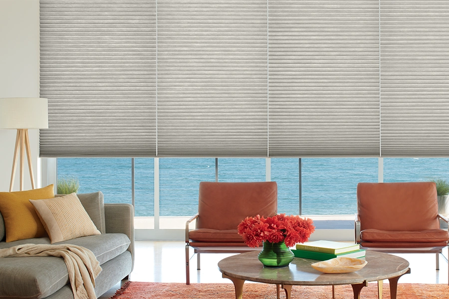 Stylish gray window shades in a living room