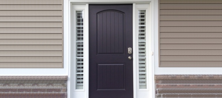 Entry Door Sidelight Shutters In Bakersfield, CA Sidelight Shutters On Black Door In Bakersfield, CA